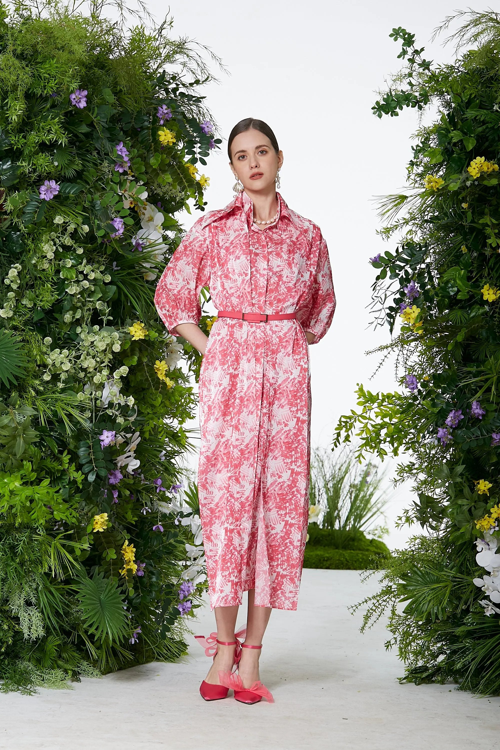 Women's Spring and Summer Stand Collar Belted Vibrant Elegant  Dress ULA